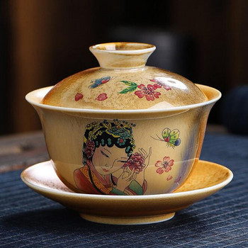 Qingshui Firewood Ceramics Ζωγραφισμένο στο χέρι Μοτίβο σκηνικού Sancai Gaiwan Kungfu Bowl Infuser Tea Cup Kitchen Teaware