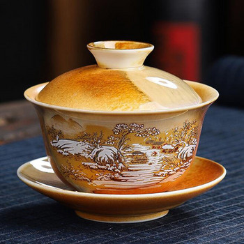 Qingshui Керамика за дърва за огрев Ръчно рисувана декорация Sancai Gaiwan Kungfu Купа за чай Инфузер Чаша за чай Кухненски прибори за чай