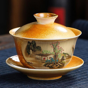 Qingshui Керамика за дърва за огрев Ръчно рисувана декорация Sancai Gaiwan Kungfu Купа за чай Инфузер Чаша за чай Кухненски прибори за чай