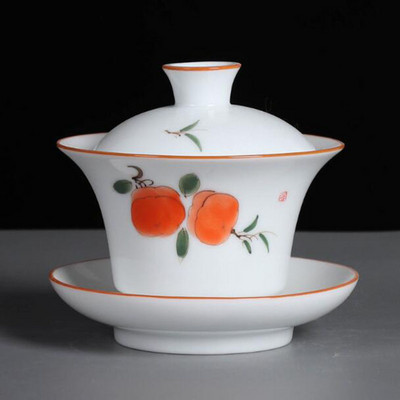 Suet Jade pictat manual Sancai Gaiwan Kungfu castron de ceai din porțelan alb pahar de ceai accesorii de băut de bucătărie