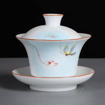 Suet Jade ar rokām apgleznoti Sancai Gaiwan Kungfu tējas bļoda baltā porcelāna tējas tureen virtuves dzeršanas piederumi