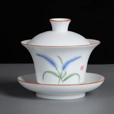 Suet Jade ar rokām apgleznoti Sancai Gaiwan Kungfu tējas bļoda baltā porcelāna tējas tureen virtuves dzeršanas piederumi