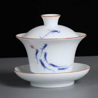 Suet Jade ar rokām apgleznoti Sancai Gaiwan Kungfu tējas bļoda baltā porcelāna tējas tureen virtuves dzeršanas piederumi
