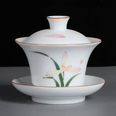 Suet Jade ar rokām apgleznoti Sancai Gaiwan Kungfu tējas bļoda baltā porcelāna tējas tureen virtuves dzeršanas piederumi