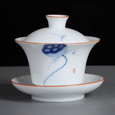 Suet Jade ar rokām apgleznoti Sancai Gaiwan Kungfu tējas bļoda baltā porcelāna tējas tureen virtuves dzeršanas piederumi