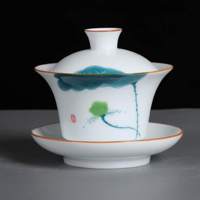 Suet Jade ar rokām apgleznoti Sancai Gaiwan Kungfu tējas bļoda baltā porcelāna tējas tureen virtuves dzeršanas piederumi