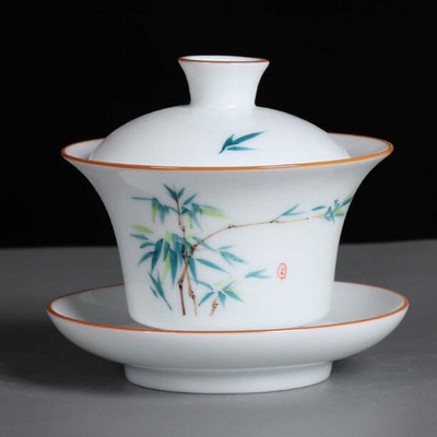 Suet Jade ar rokām apgleznoti Sancai Gaiwan Kungfu tējas bļoda baltā porcelāna tējas tureen virtuves dzeršanas piederumi