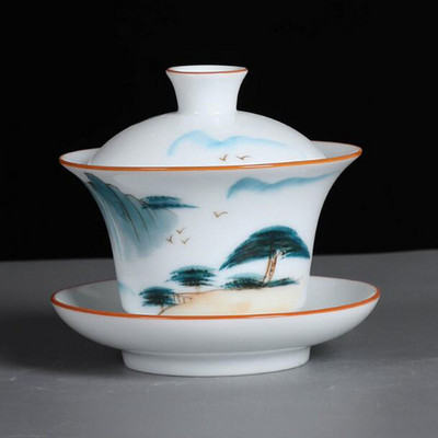 Suet Jade ar rokām apgleznoti Sancai Gaiwan Kungfu tējas bļoda baltā porcelāna tējas tureen virtuves dzeršanas piederumi