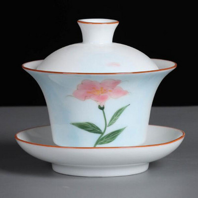 Suet Jade ar rokām apgleznoti Sancai Gaiwan Kungfu tējas bļoda baltā porcelāna tējas tureen virtuves dzeršanas piederumi