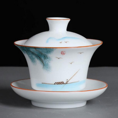 Suet Jade ar rokām apgleznoti Sancai Gaiwan Kungfu tējas bļoda baltā porcelāna tējas tureen virtuves dzeršanas piederumi