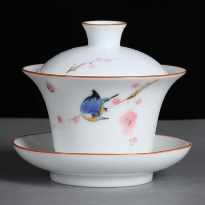 Suet Jade ar rokām apgleznoti Sancai Gaiwan Kungfu tējas bļoda baltā porcelāna tējas tureen virtuves dzeršanas piederumi