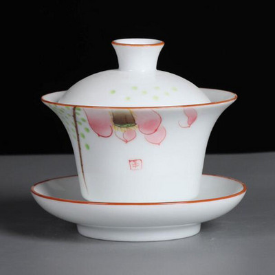 Suet Jade ar rokām apgleznoti Sancai Gaiwan Kungfu tējas bļoda baltā porcelāna tējas tureen virtuves dzeršanas piederumi