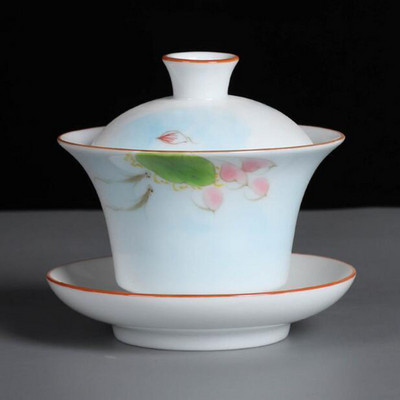 Suet Jade ar rokām apgleznoti Sancai Gaiwan Kungfu tējas bļoda baltā porcelāna tējas tureen virtuves dzeršanas piederumi