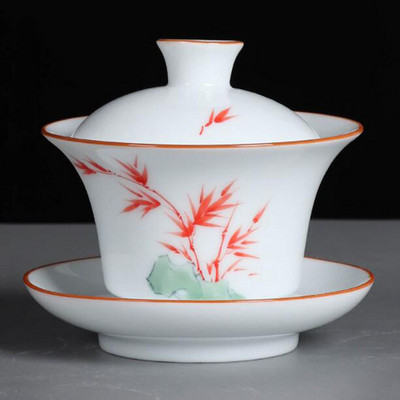 Suet Jade ar rokām apgleznoti Sancai Gaiwan Kungfu tējas bļoda baltā porcelāna tējas tureen virtuves dzeršanas piederumi