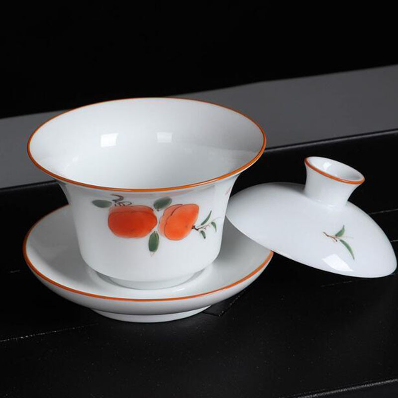 Suet Jade ar rokām apgleznoti Sancai Gaiwan Kungfu tējas bļoda baltā porcelāna tējas tureen virtuves dzeršanas piederumi