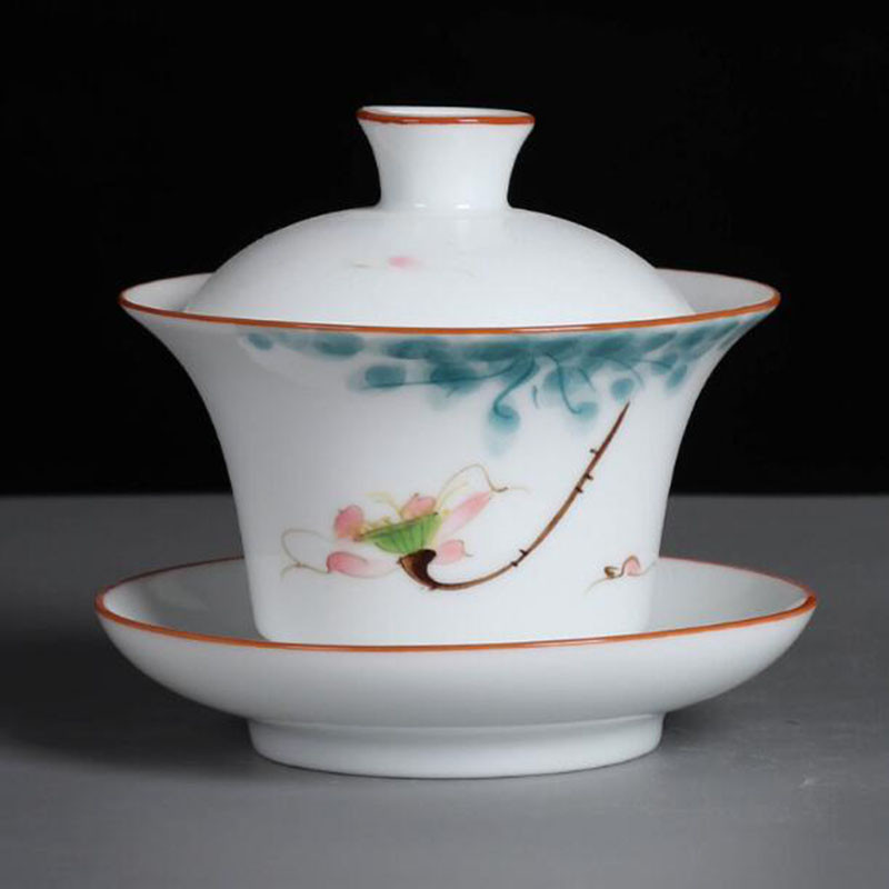Suet Jade ar rokām apgleznoti Sancai Gaiwan Kungfu tējas bļoda baltā porcelāna tējas tureen virtuves dzeršanas piederumi