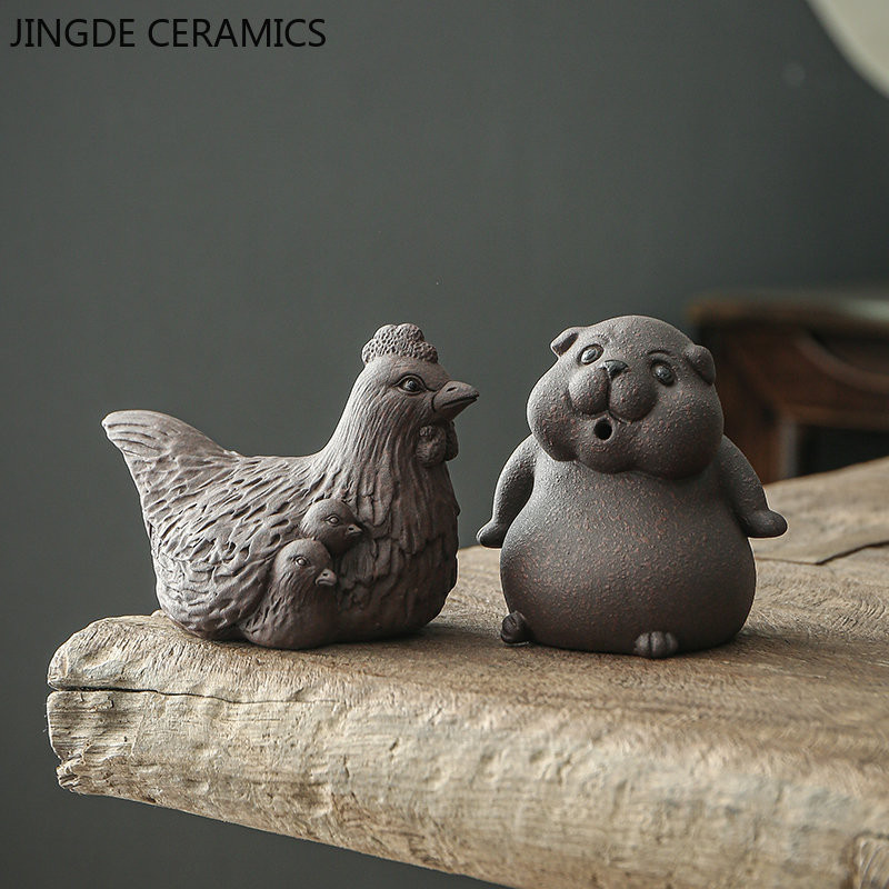 Kreatív lila agyagtea kisállat kézzel készített állatmodell díszek kínai teáskészlet tartozékok otthoni asztali aranyos kutya dekoráció