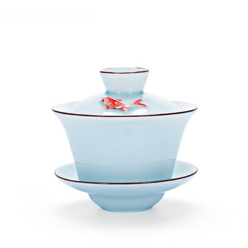 Китайска керамична малка рибка Gaiwan Чаша за път Пътна купа за чай Ръчно изработени прибори за чай от селадон Аксесоари Лична чаша за напитки 140 ml