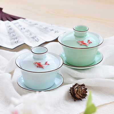 Китайска керамична малка рибка Gaiwan Чаша за път Пътна купа за чай Ръчно изработени прибори за чай от селадон Аксесоари Лична чаша за напитки 140 ml
