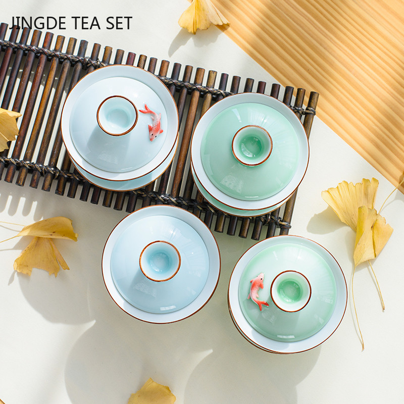 Ķīniešu keramikas mazās zivtiņas Gaivanas tējas tase Ceļojumu tējas trauks Roku darbs Celadon tējas trauki Aksesuāri Dzērienu trauki Personal Cup 140ml
