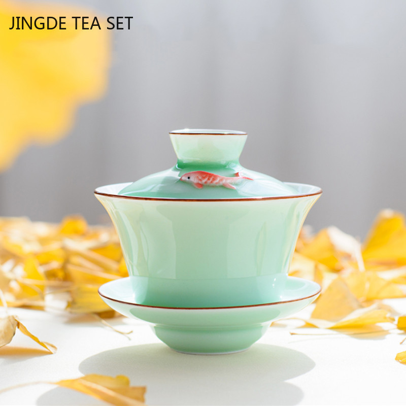 Ķīniešu keramikas mazās zivtiņas Gaivanas tējas tase Ceļojumu tējas trauks Roku darbs Celadon tējas trauki Aksesuāri Dzērienu trauki Personal Cup 140ml