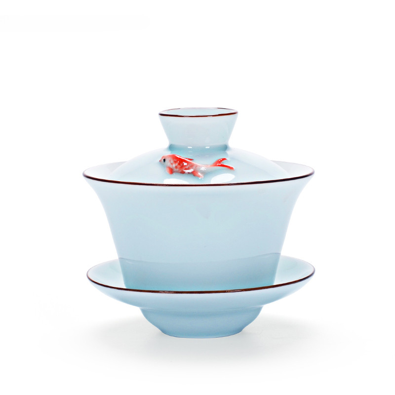 Ķīniešu keramikas mazās zivtiņas Gaivanas tējas tase Ceļojumu tējas trauks Roku darbs Celadon tējas trauki Aksesuāri Dzērienu trauki Personal Cup 140ml