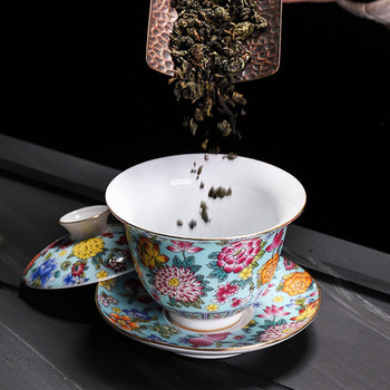 Порцеланов емайл, флорален Sancai Gaiwan, китайски стил, кунг-фу чаша за чай, купа за чай, 200 мл, кухненски прибори за чай, инструмент за пиене