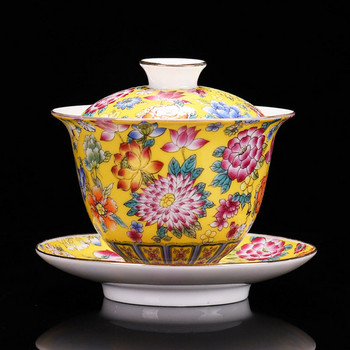 Порцеланов емайл, флорален Sancai Gaiwan, китайски стил, кунг-фу чаша за чай, купа за чай, 200 мл, кухненски прибори за чай, инструмент за пиене