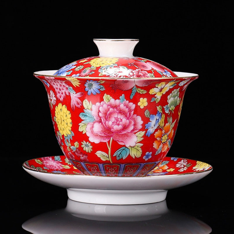 Porcelán zománc virágos Sancai Gaiwan kínai stílusú Kungfu teás csésze teástál 200 ml konyhai teás ivóeszköz