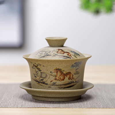 Jingdezhen kerámia Gaiwan tál kínai stílusú kőedény retro teáskészlet Kézzel készített Buborékos teástál Travel Tea csésze 150ml