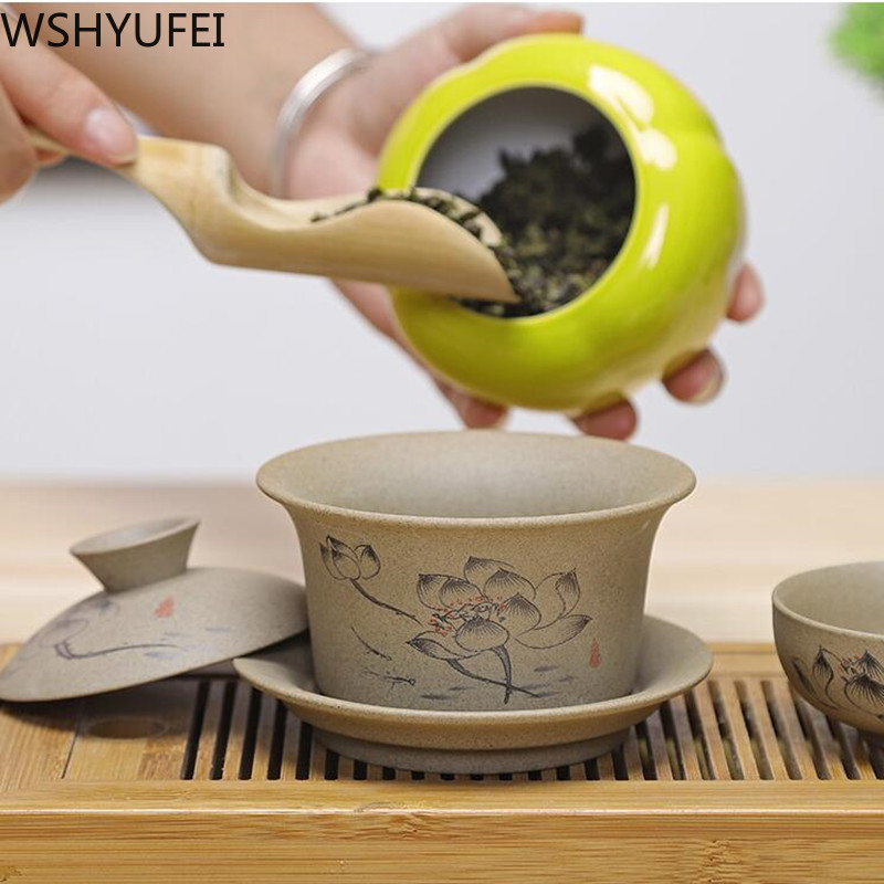 Jingdezhen kerámia Gaiwan tál kínai stílusú kőedény retro teáskészlet Kézzel készített Buborékos teástál Travel Tea csésze 150ml