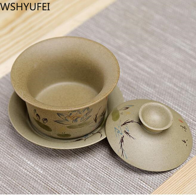 Jingdezhen kerámia Gaiwan tál kínai stílusú kőedény retro teáskészlet Kézzel készített Buborékos teástál Travel Tea csésze 150ml