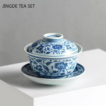 Синьо-бял порцелан Jingdezhen Gaiwan, ръчно изработена керамична чаша за път, купа за чай, китайски прибори за чай Персонална чаша 200 ml