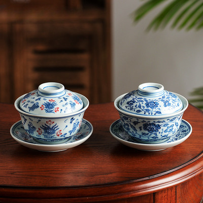 Синьо-бял порцелан Jingdezhen Gaiwan, ръчно изработена керамична чаша за път, купа за чай, китайски прибори за чай Персонална чаша 200 ml