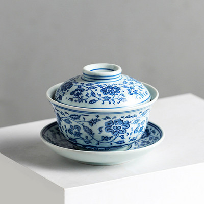 Jingdezhen zilā un baltā porcelāna Gaiwan ar rokām darināta keramikas tējas krūze ceļojumu tējas bļoda Ķīniešu tējas trauki dzērienu trauki personīgā krūze 200 ml