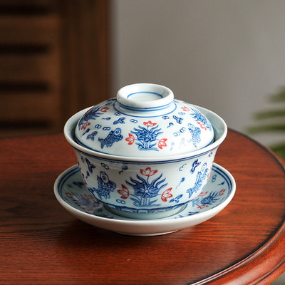 Jingdezhen zilā un baltā porcelāna Gaiwan ar rokām darināta keramikas tējas krūze ceļojumu tējas bļoda Ķīniešu tējas trauki dzērienu trauki personīgā krūze 200 ml