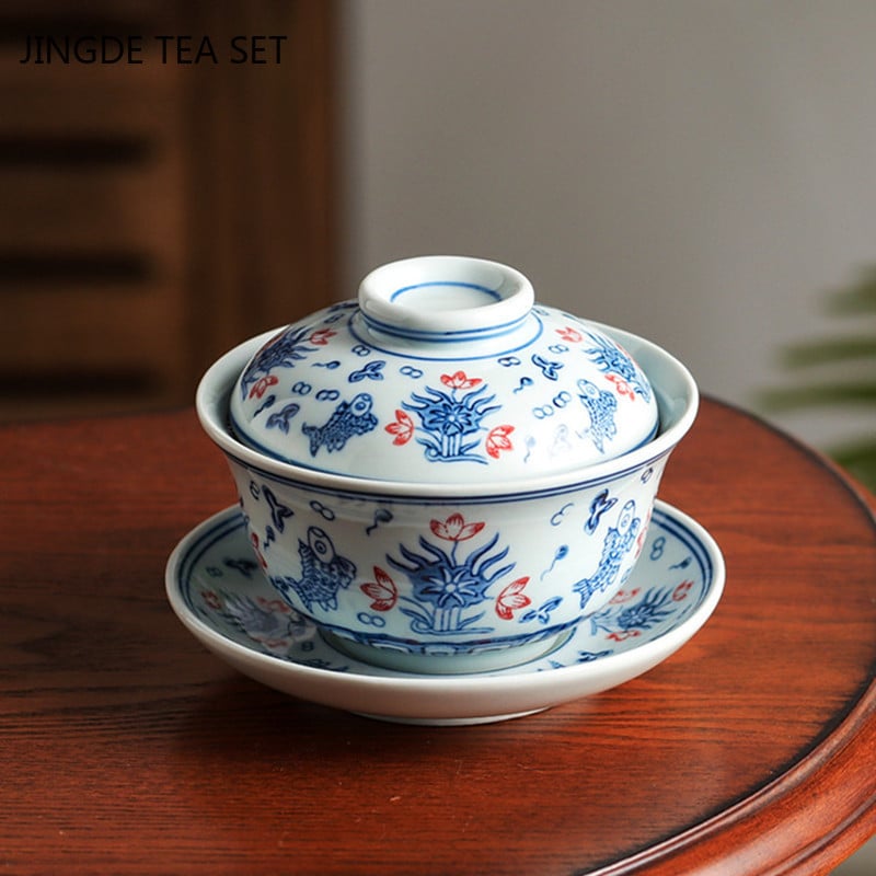 Jingdezhen zilā un baltā porcelāna Gaiwan ar rokām darināta keramikas tējas krūze ceļojumu tējas bļoda Ķīniešu tējas trauki dzērienu trauki personīgā krūze 200 ml