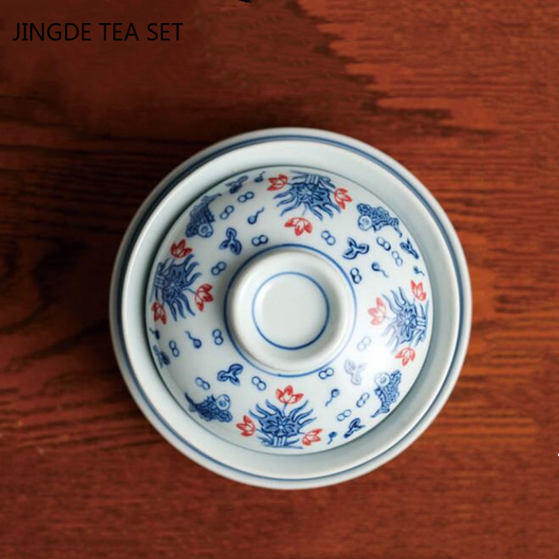 Jingdezhen zilā un baltā porcelāna Gaiwan ar rokām darināta keramikas tējas krūze ceļojumu tējas bļoda Ķīniešu tējas trauki dzērienu trauki personīgā krūze 200 ml