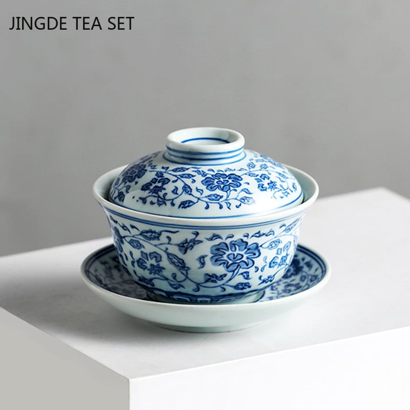 Jingdezhen zilā un baltā porcelāna Gaiwan ar rokām darināta keramikas tējas krūze ceļojumu tējas bļoda Ķīniešu tējas trauki dzērienu trauki personīgā krūze 200 ml