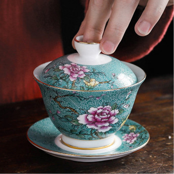 Китайски традиции Gai Wan Enamel Color Kungfu Чаен комплект Голяма купа за чай Бял порцеланов чай Чаша и чинийка Комплект за лесно пътуване Чайник