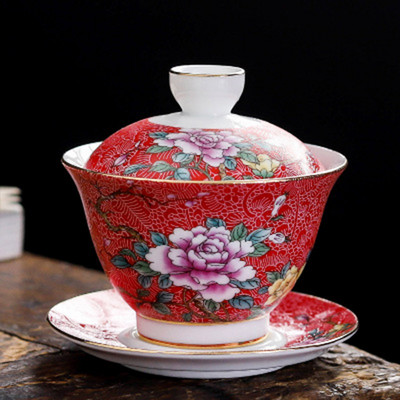 Китайски традиции Gai Wan Enamel Color Kungfu Чаен комплект Голяма купа за чай Бял порцеланов чай Чаша и чинийка Комплект за лесно пътуване Чайник