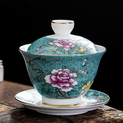 Китайски традиции Gai Wan Enamel Color Kungfu Чаен комплект Голяма купа за чай Бял порцеланов чай Чаша и чинийка Комплект за лесно пътуване Чайник