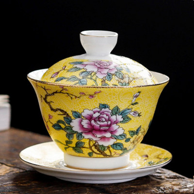 Китайски традиции Gai Wan Enamel Color Kungfu Чаен комплект Голяма купа за чай Бял порцеланов чай Чаша и чинийка Комплект за лесно пътуване Чайник