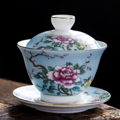 Китайски традиции Gai Wan Enamel Color Kungfu Чаен комплект Голяма купа за чай Бял порцеланов чай Чаша и чинийка Комплект за лесно пътуване Чайник