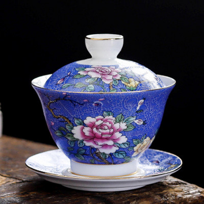 Китайски традиции Gai Wan Enamel Color Kungfu Чаен комплект Голяма купа за чай Бял порцеланов чай Чаша и чинийка Комплект за лесно пътуване Чайник