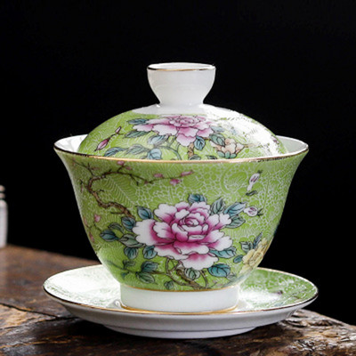 Китайски традиции Gai Wan Enamel Color Kungfu Чаен комплект Голяма купа за чай Бял порцеланов чай Чаша и чинийка Комплект за лесно пътуване Чайник