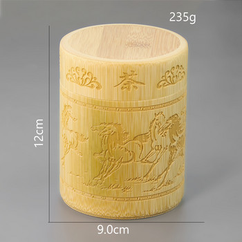 Ръчно изработена лазерна резба Осем коня Китайски йероглиф Естествено бамбуково дърво Чай Caddies Съхранение на бонбони Подправка Херметически затворен буркан
