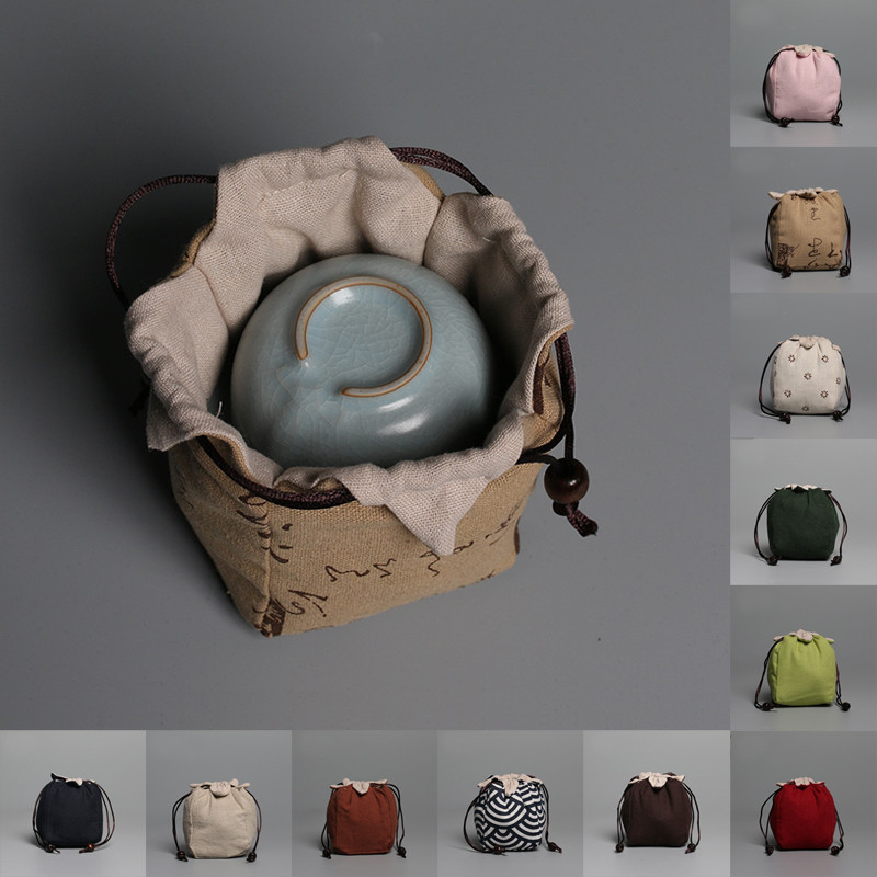 1 db hordozható pamut üres szövetzacskó vászonzacskó teakendők egy kannához Zsinóros vászon teáskanna kötözött teáscsészék napi használat