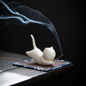Cat Tea Pet Zen Kung Fu Tea Set Керамична резба Горелка за тамян Орнаменти Държач Йога Стойка за медитация Декорация