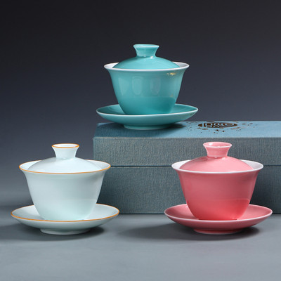 Kínai teaset Elegáns rózsaszín Gaiwan teáscsészék Tureen Fedős Tál csészealj Tea Főző Kerámia Kung Fu teástál 170 ml Utazási teás edény ajándék